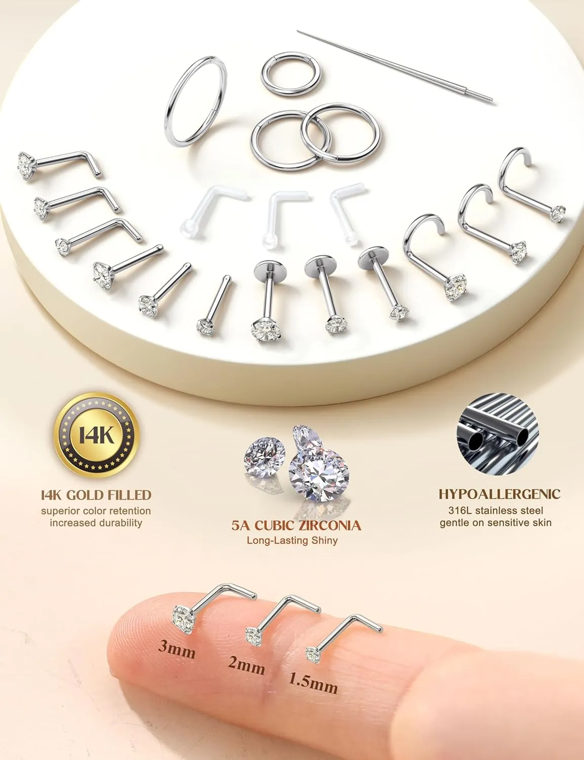 14K Gold Filled Nose Rings Studs Hoops for Women Men: 20G 18G 316L Surgical Stainless Steel Hypoallergenic Dainty Simulated Diamond L Shaped/Corkscrew/Straight/Push Back Nostril Piercing Jewelry