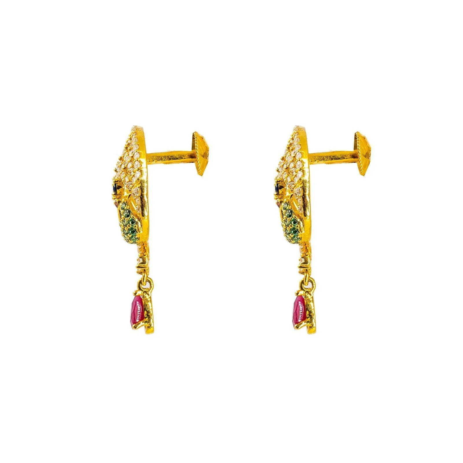22K Yellow Gold Necklace and Earrings Set W/ Rubies, CZ Encrusted Peacock Pendant & Jeweled Charm Chain