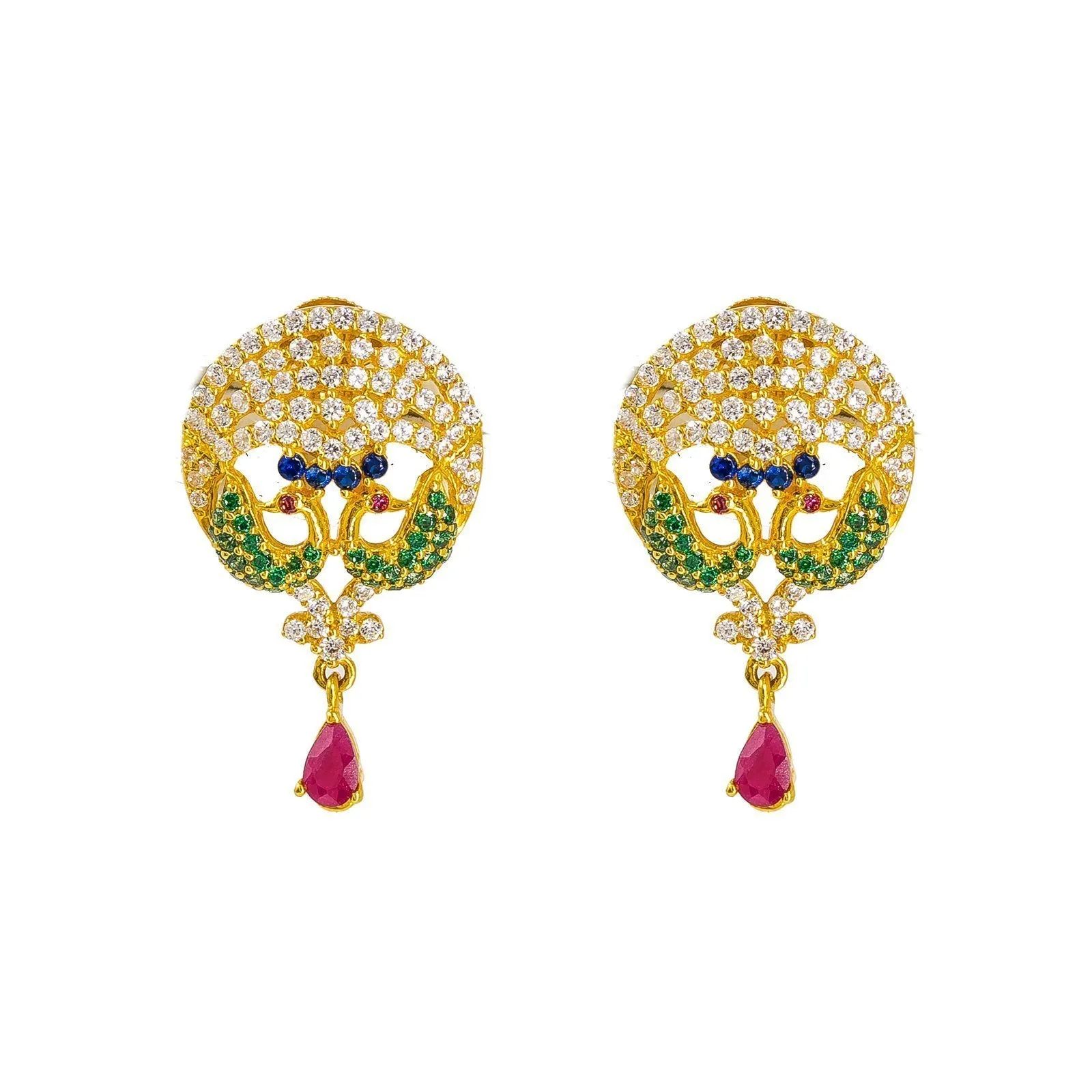 22K Yellow Gold Necklace and Earrings Set W/ Rubies, CZ Encrusted Peacock Pendant & Jeweled Charm Chain