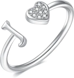 925 Sterling Silver Heart Initial Rings, Adjustable Letter Rings, Stackable Rings for Women - Gifts