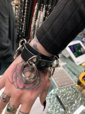 Black Wide Leather Bracelet w/ 3 Medium Sized Silver Rings