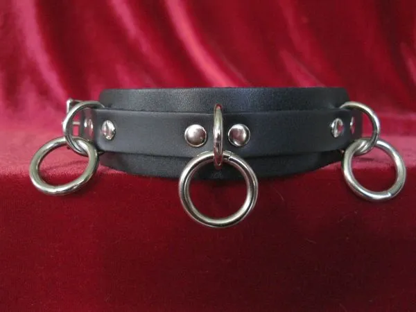 Black Wide Leather Bracelet w/ 3 Medium Sized Silver Rings