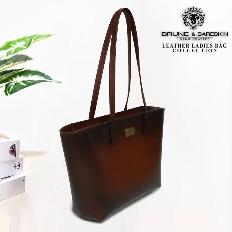 Brune & Bareskin Hand Painted Burnished Dark Brown Leather Hand Bag For Women