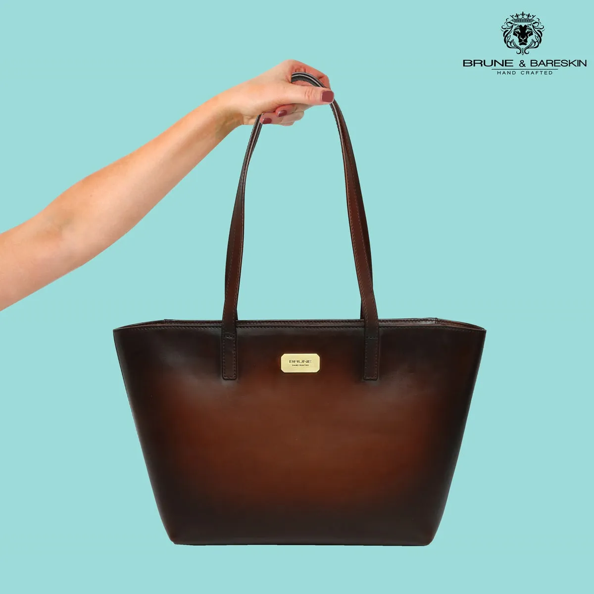 Brune & Bareskin Hand Painted Burnished Dark Brown Leather Hand Bag For Women