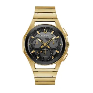 Bulova CURV Watch with 44MM Black Round Dial and Stainless Steel Bracelet. 97A144