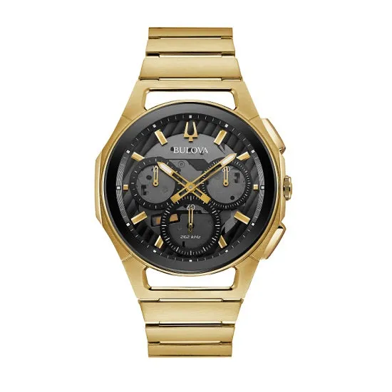 Bulova CURV Watch with 44MM Black Round Dial and Stainless Steel Bracelet. 97A144