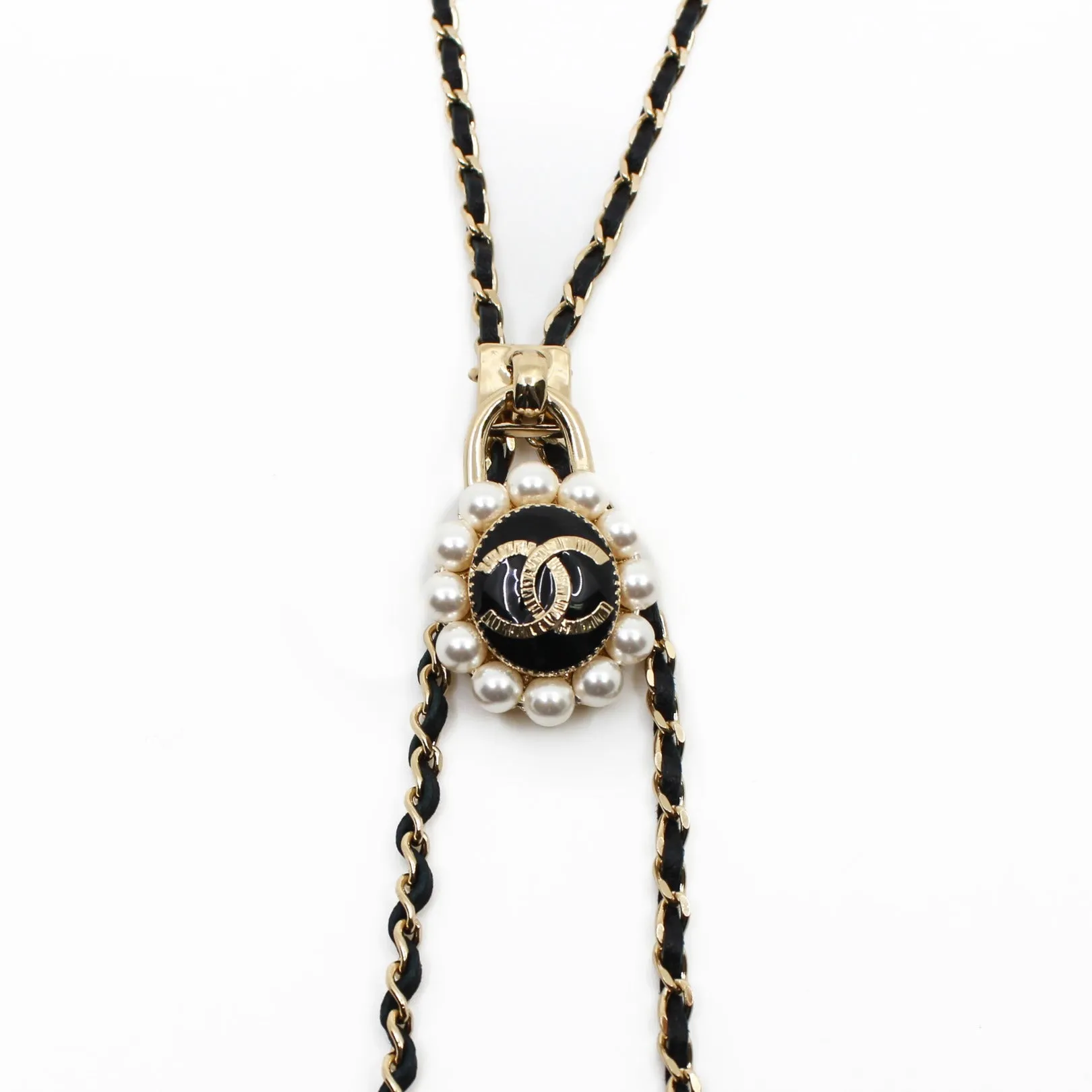 CC Logo And Pearl Lock In Black Leather Necklace GHW