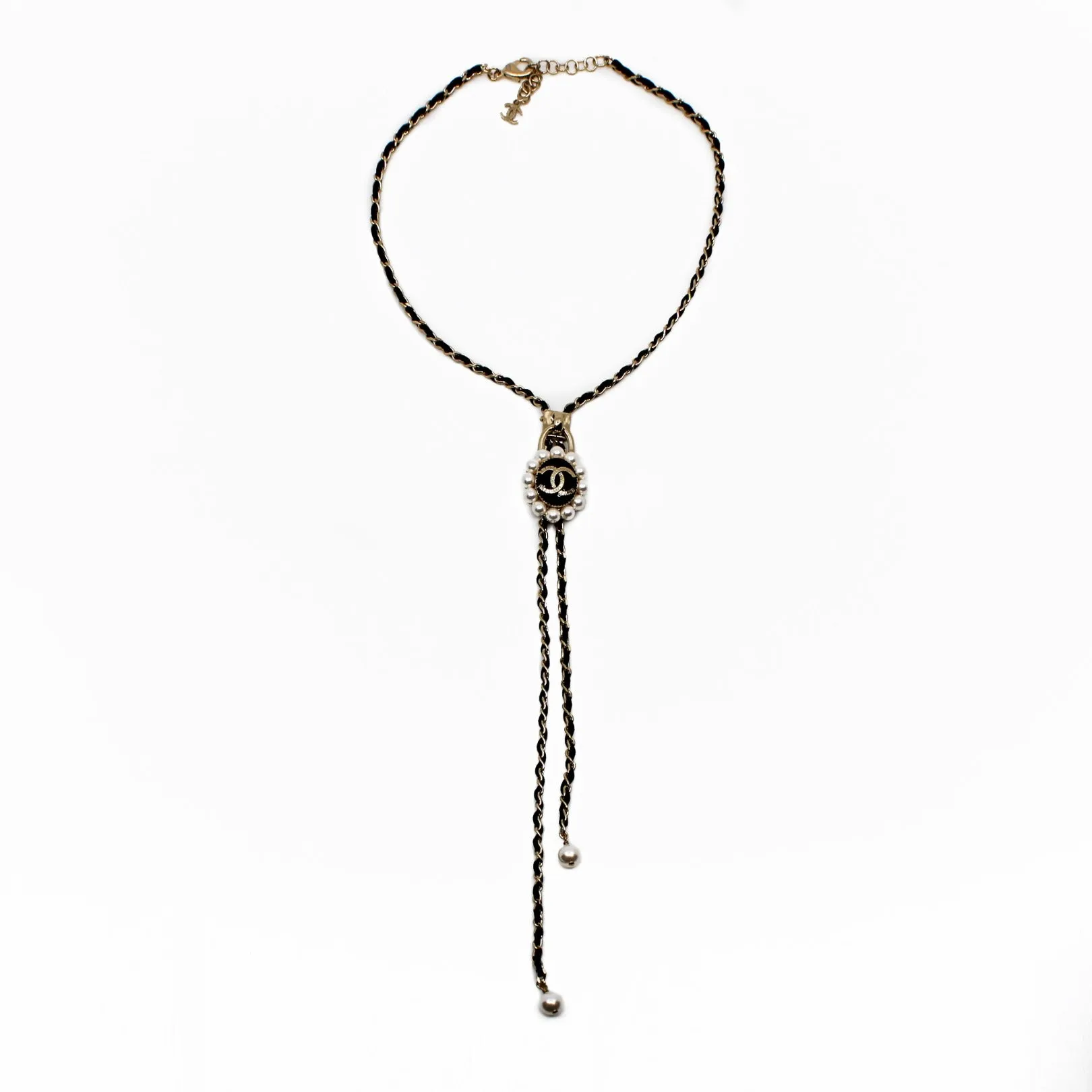 CC Logo And Pearl Lock In Black Leather Necklace GHW