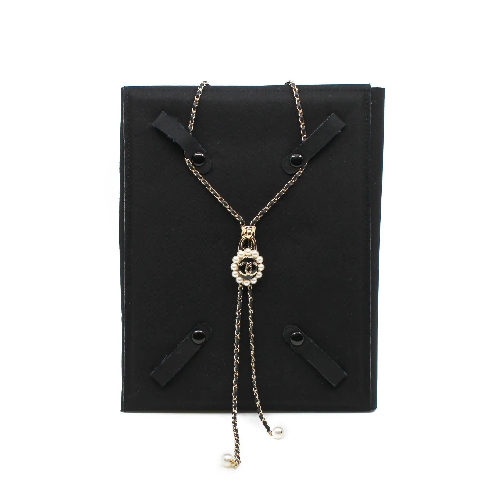 CC Logo And Pearl Lock In Black Leather Necklace GHW