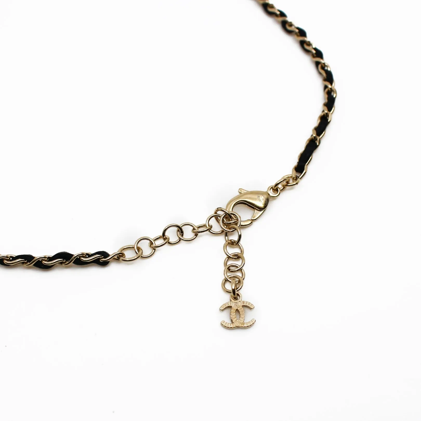 CC Logo And Pearl Lock In Black Leather Necklace GHW