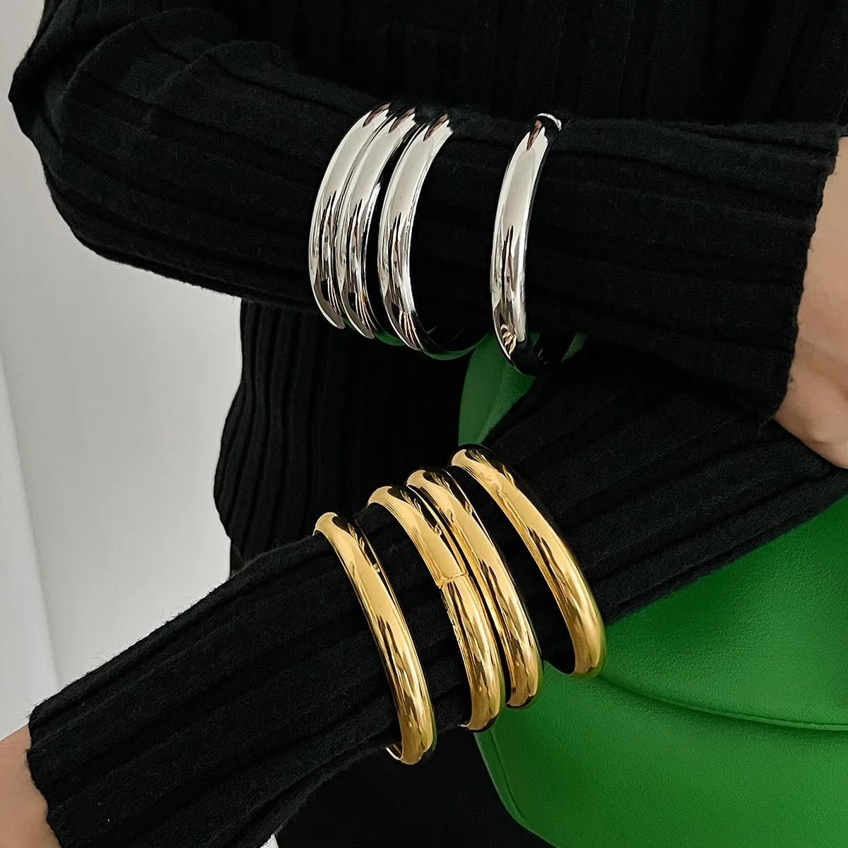 Chunky Gold Bracelets Set for Women Wide Cuff Bracelets Hammered Wrap Gold Bangles Set Jewelry