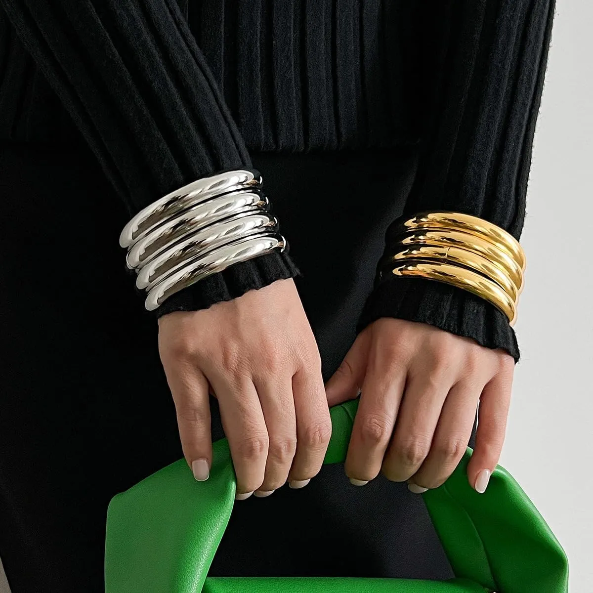 Chunky Gold Bracelets Set for Women Wide Cuff Bracelets Hammered Wrap Gold Bangles Set Jewelry