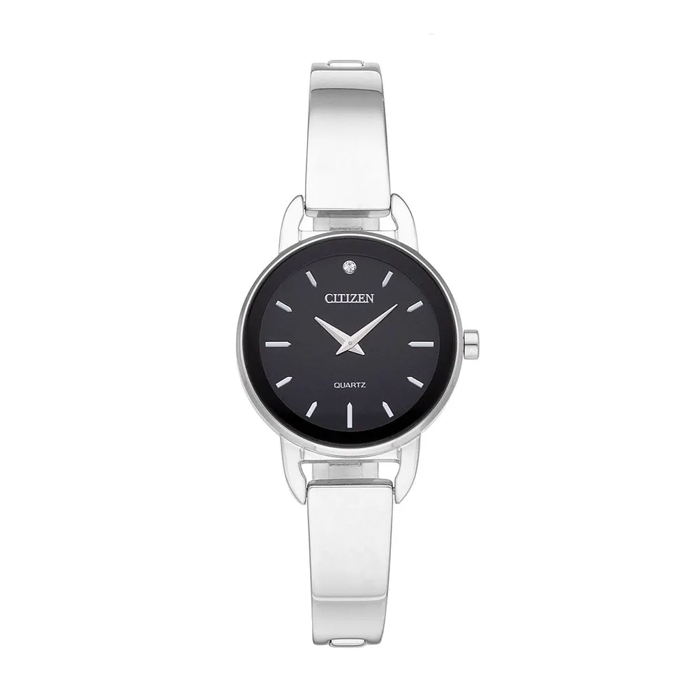 Citizen Womens Silver Stainless Steel Band Black Quartz Dial Watch - EZ6370-56E