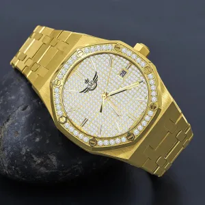 Gleaming Gold Chronograph Watch with Crystal Details - BLUEANGEL Micro Paws