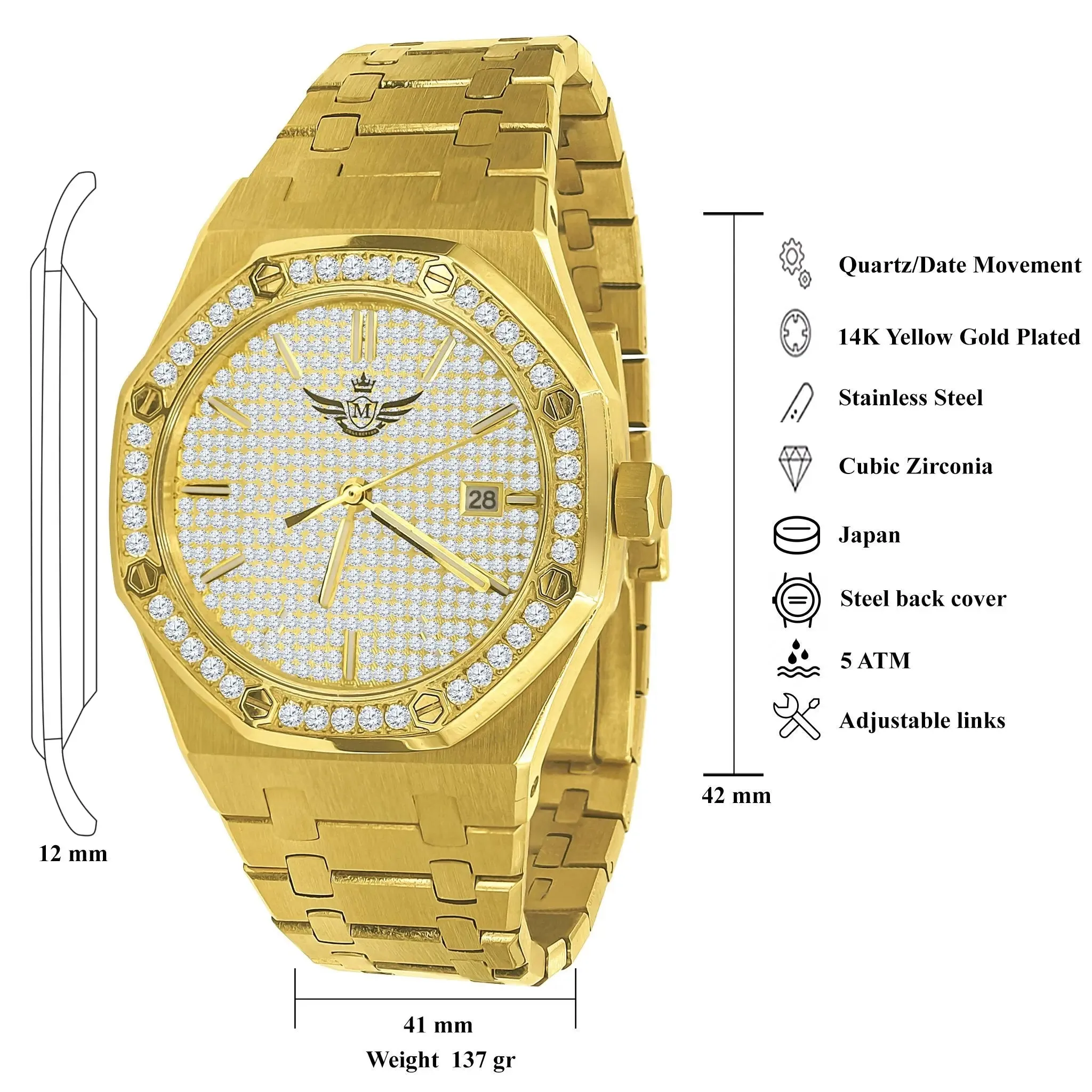 Gleaming Gold Chronograph Watch with Crystal Details - BLUEANGEL Micro Paws