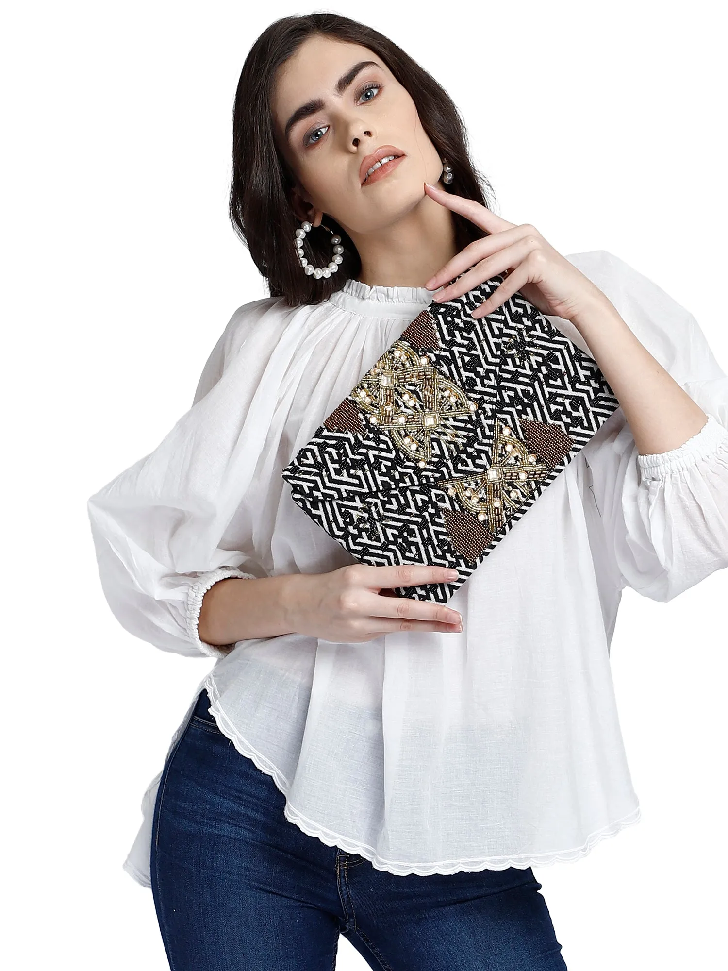 Golden Embroidered Black and White Clutch