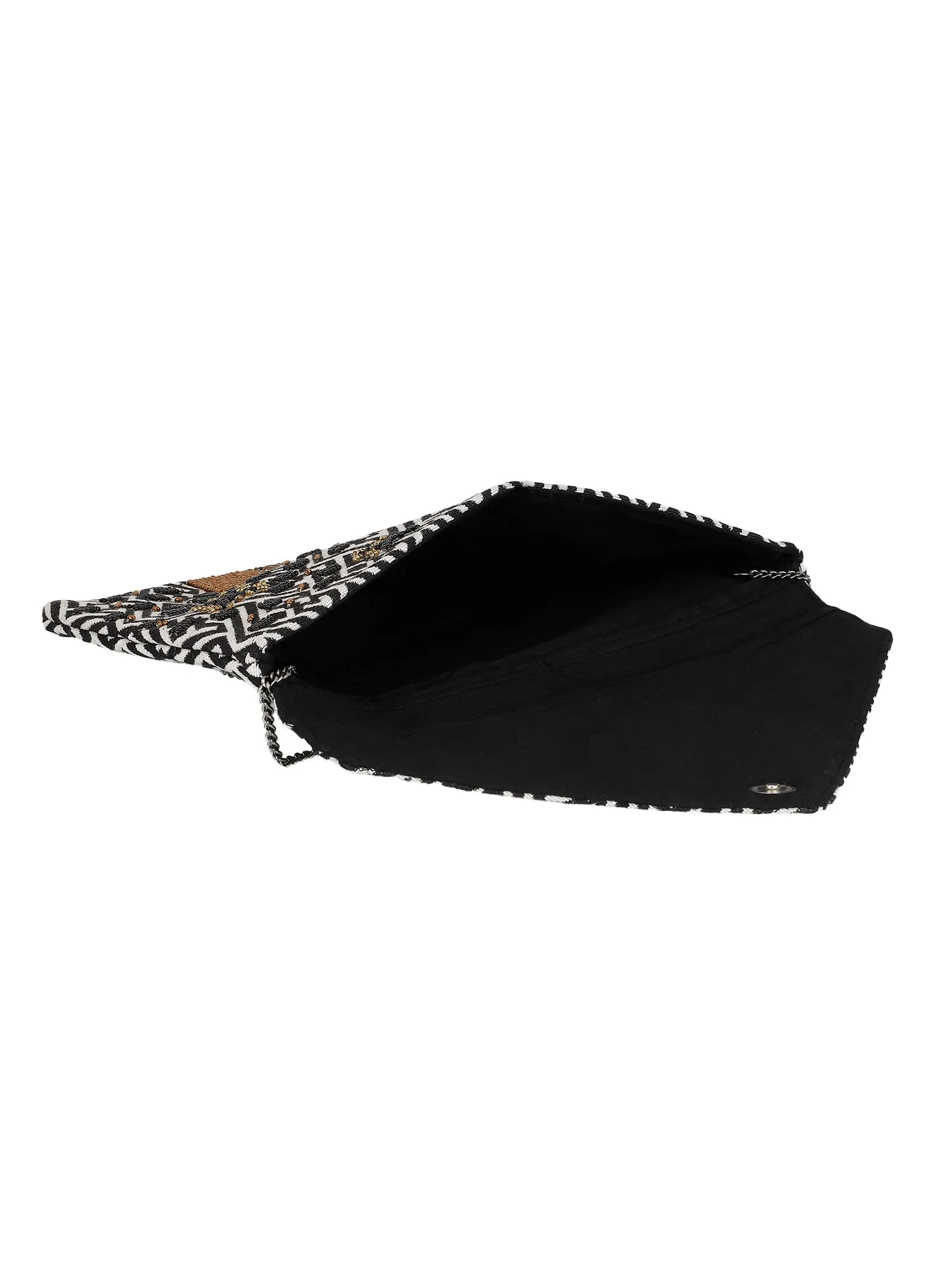 Golden Embroidered Black and White Clutch