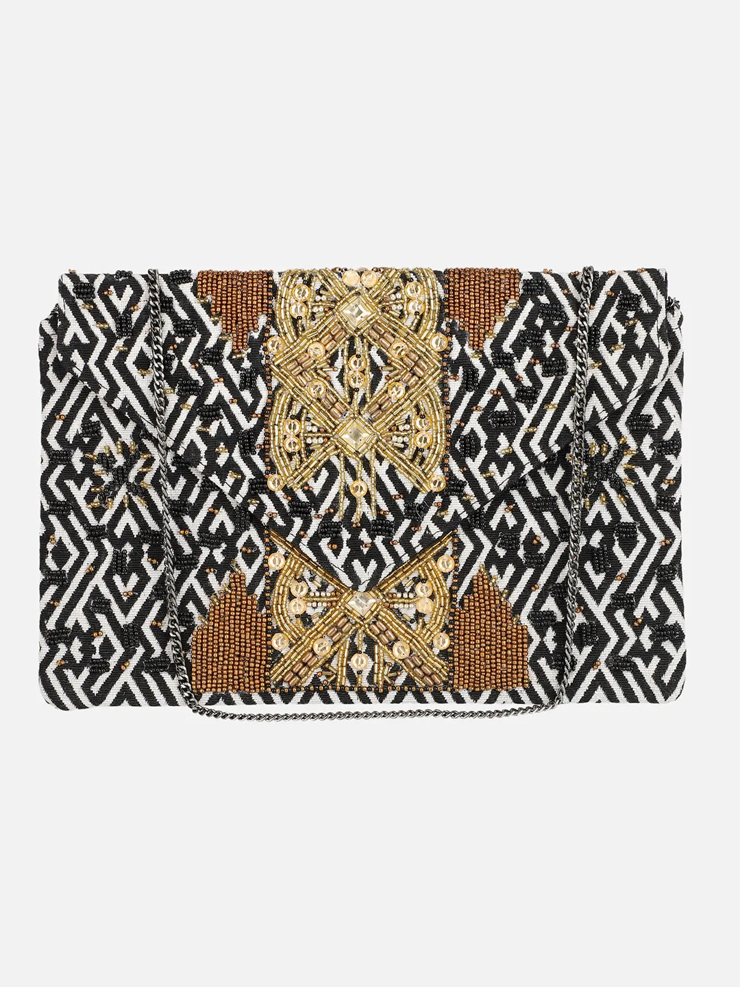 Golden Embroidered Black and White Clutch