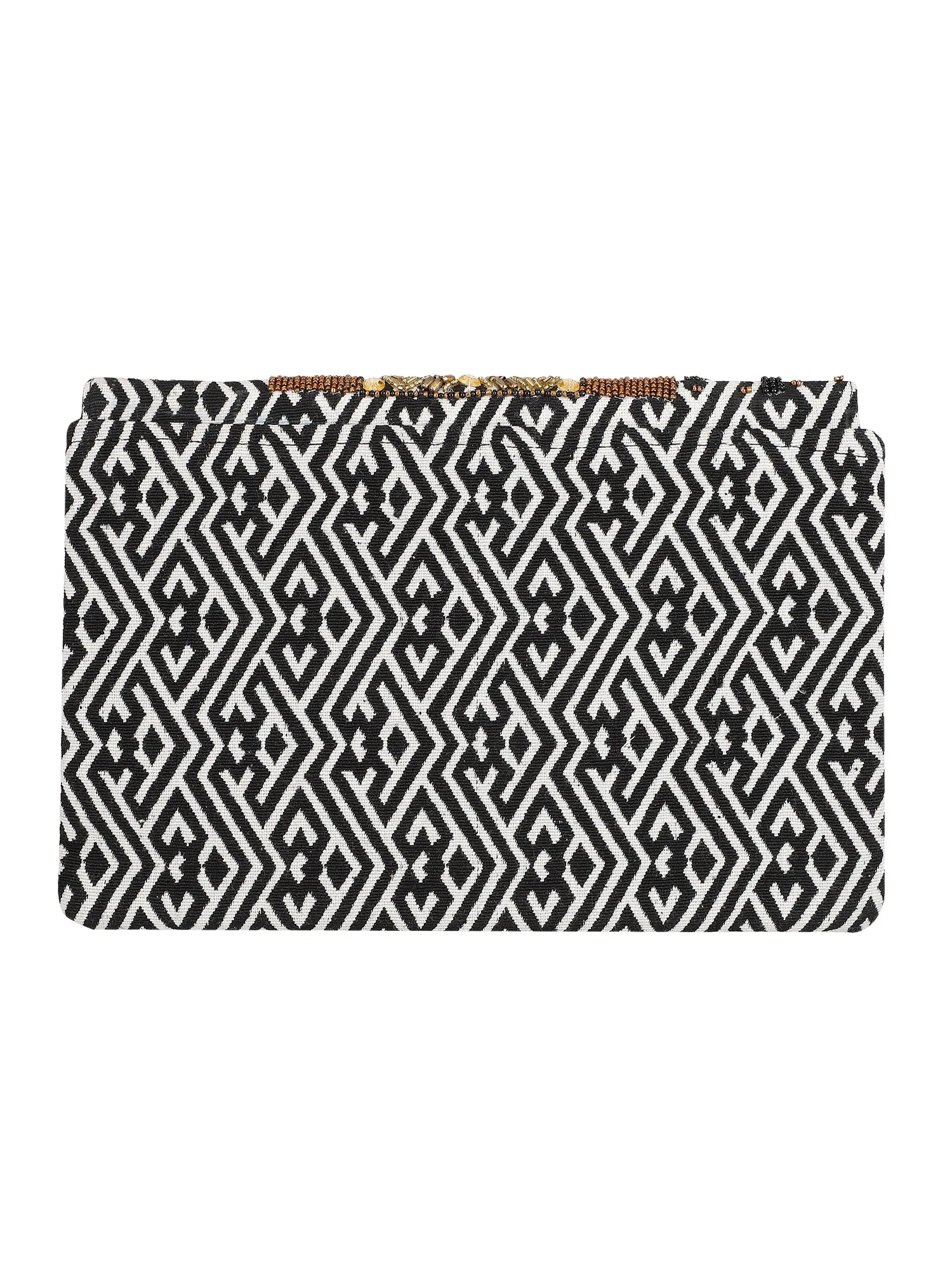 Golden Embroidered Black and White Clutch