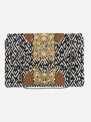 Golden Embroidered Black and White Clutch