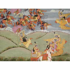 Indian Miniature Art - Pahari Style - Krishna Rescues Arjuna In A Battle with Nikumbha