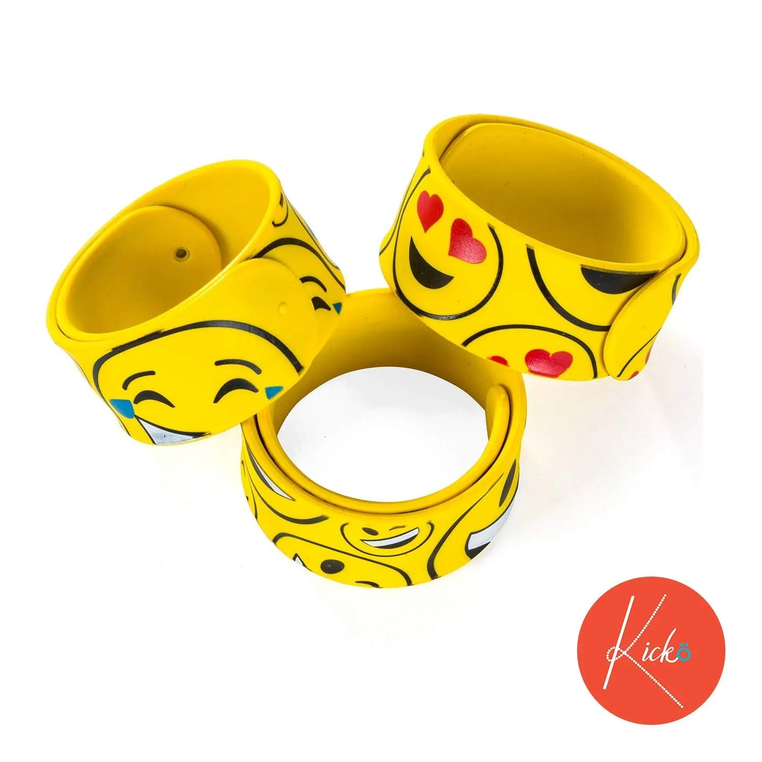 Kicko 12 Pack Emoji Slap Bracelets Assorted Emoticons Smile Face - Fun for Kids and Adults