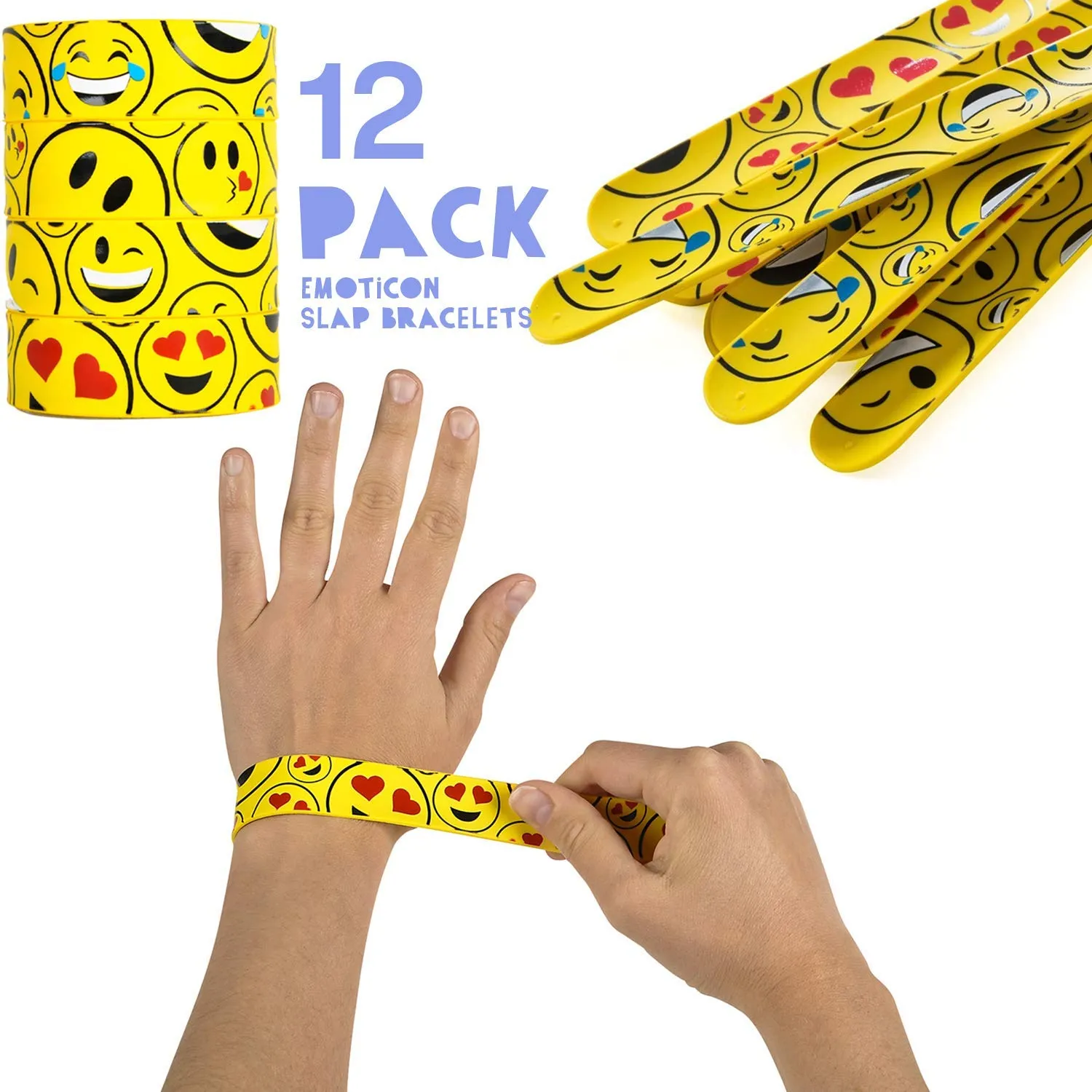 Kicko 12 Pack Emoji Slap Bracelets Assorted Emoticons Smile Face - Fun for Kids and Adults