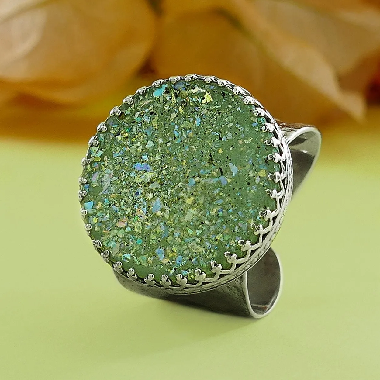 Large Green Roman Glass 925 Sterling Silver Statement Ring