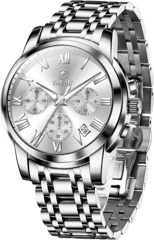 Men Watches Dress Watch for Men Waterproof Luxury Chronograph Watch Big Face Stainless Steel Analog Quartz Men's Wrist Watches with Date Multi-Function Roman Number Luminous reloj para Hombre