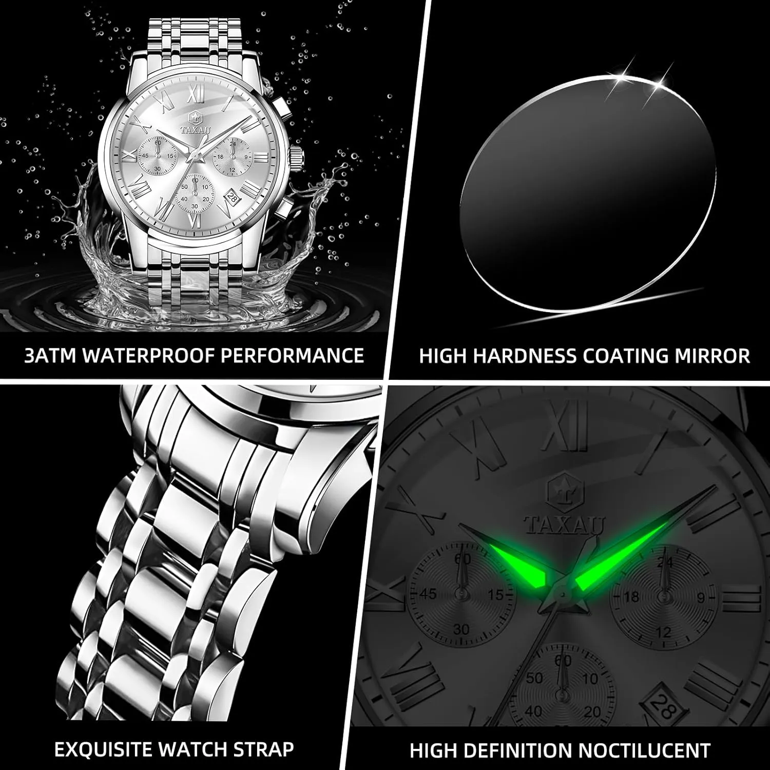 Men Watches Dress Watch for Men Waterproof Luxury Chronograph Watch Big Face Stainless Steel Analog Quartz Men's Wrist Watches with Date Multi-Function Roman Number Luminous reloj para Hombre