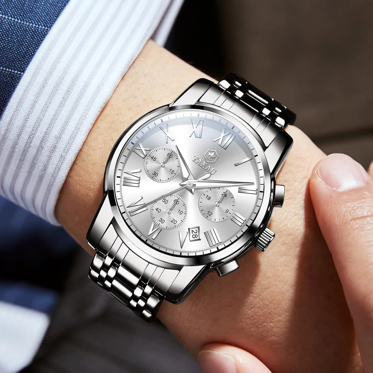 Men Watches Dress Watch for Men Waterproof Luxury Chronograph Watch Big Face Stainless Steel Analog Quartz Men's Wrist Watches with Date Multi-Function Roman Number Luminous reloj para Hombre