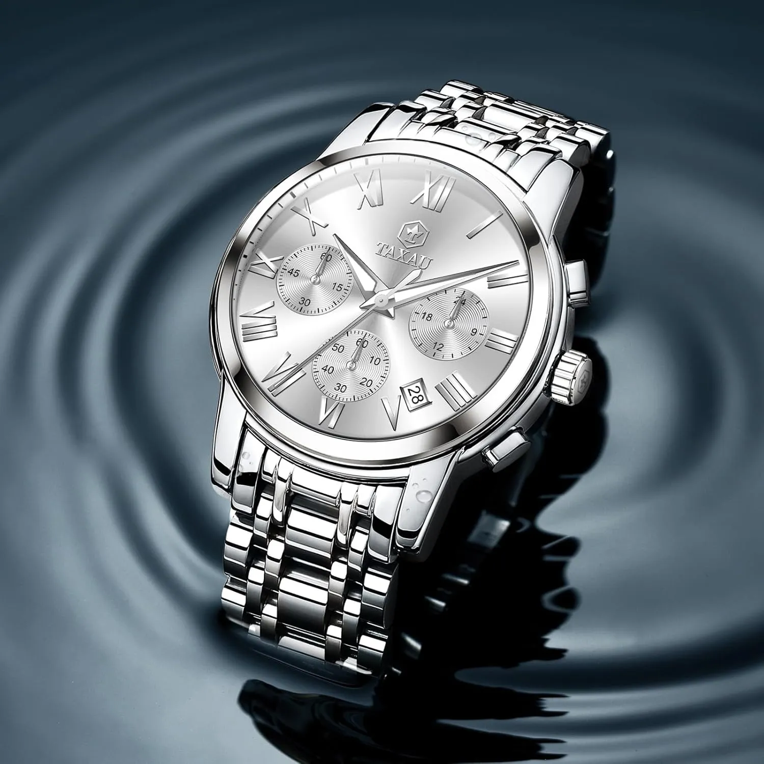 Men Watches Dress Watch for Men Waterproof Luxury Chronograph Watch Big Face Stainless Steel Analog Quartz Men's Wrist Watches with Date Multi-Function Roman Number Luminous reloj para Hombre