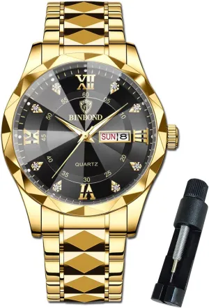 Mens Watches Diamond Big Face Stainless Steel Luxury Business Dress Date Day Wrist Watch Waterproof Luminous