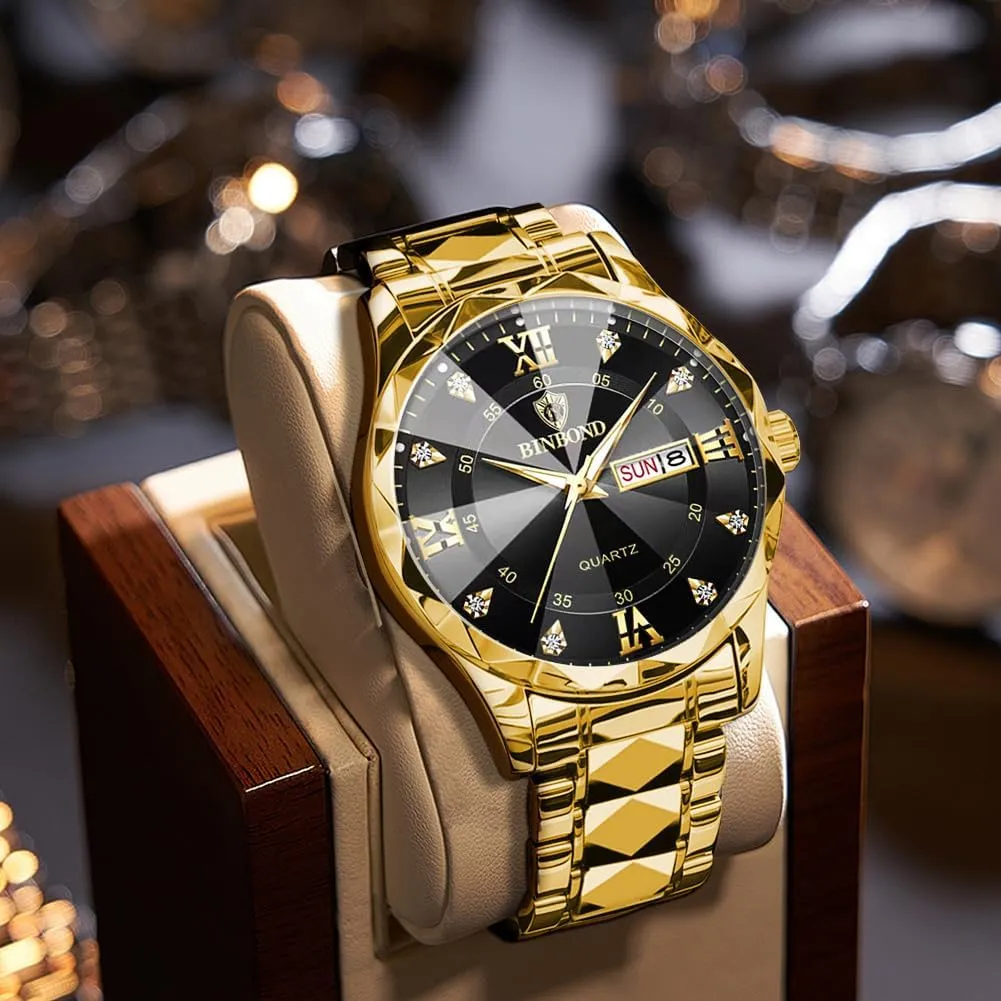 Mens Watches Diamond Big Face Stainless Steel Luxury Business Dress Date Day Wrist Watch Waterproof Luminous