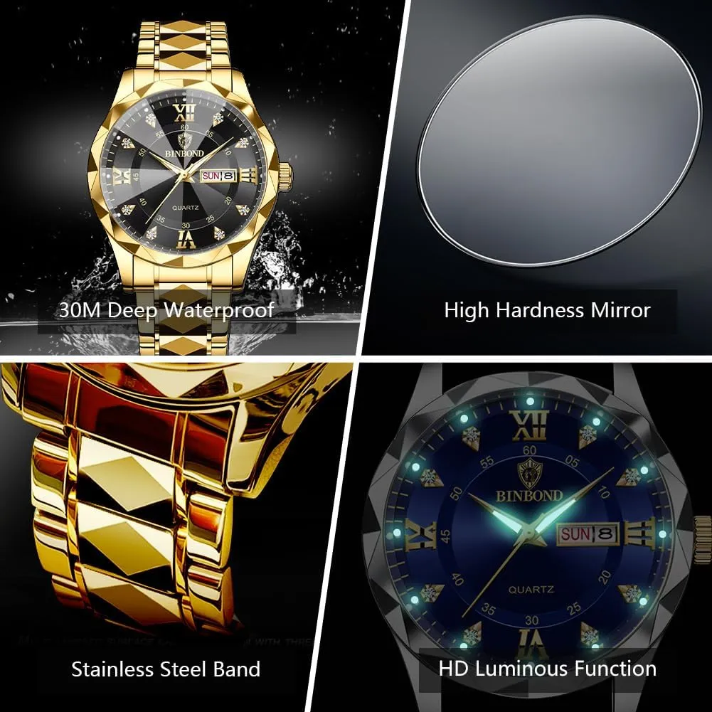 Mens Watches Diamond Big Face Stainless Steel Luxury Business Dress Date Day Wrist Watch Waterproof Luminous