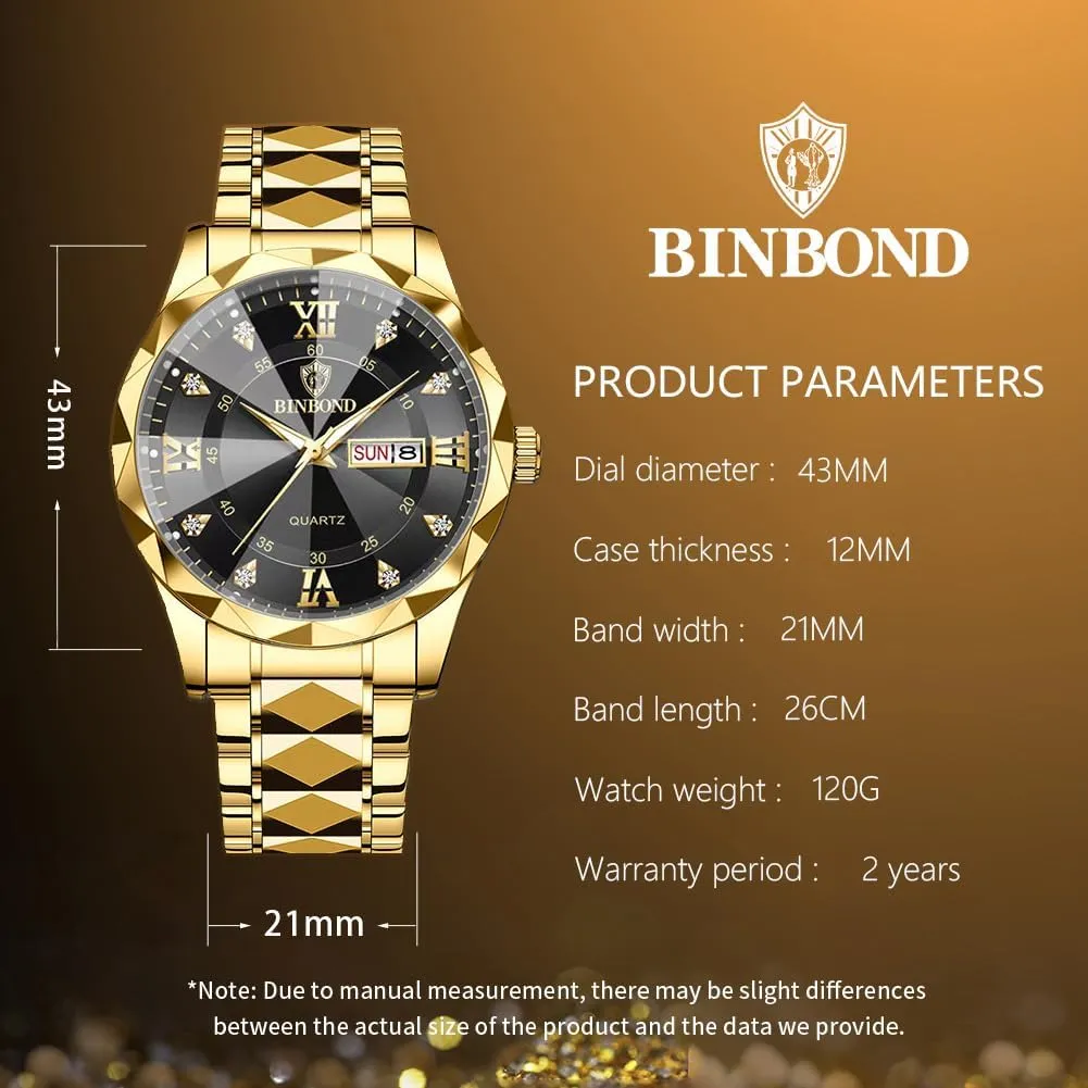 Mens Watches Diamond Big Face Stainless Steel Luxury Business Dress Date Day Wrist Watch Waterproof Luminous