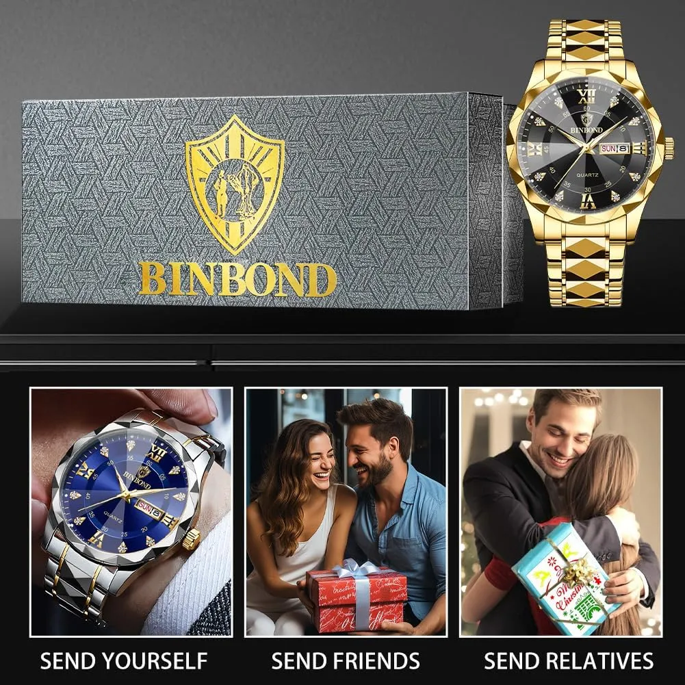 Mens Watches Diamond Big Face Stainless Steel Luxury Business Dress Date Day Wrist Watch Waterproof Luminous