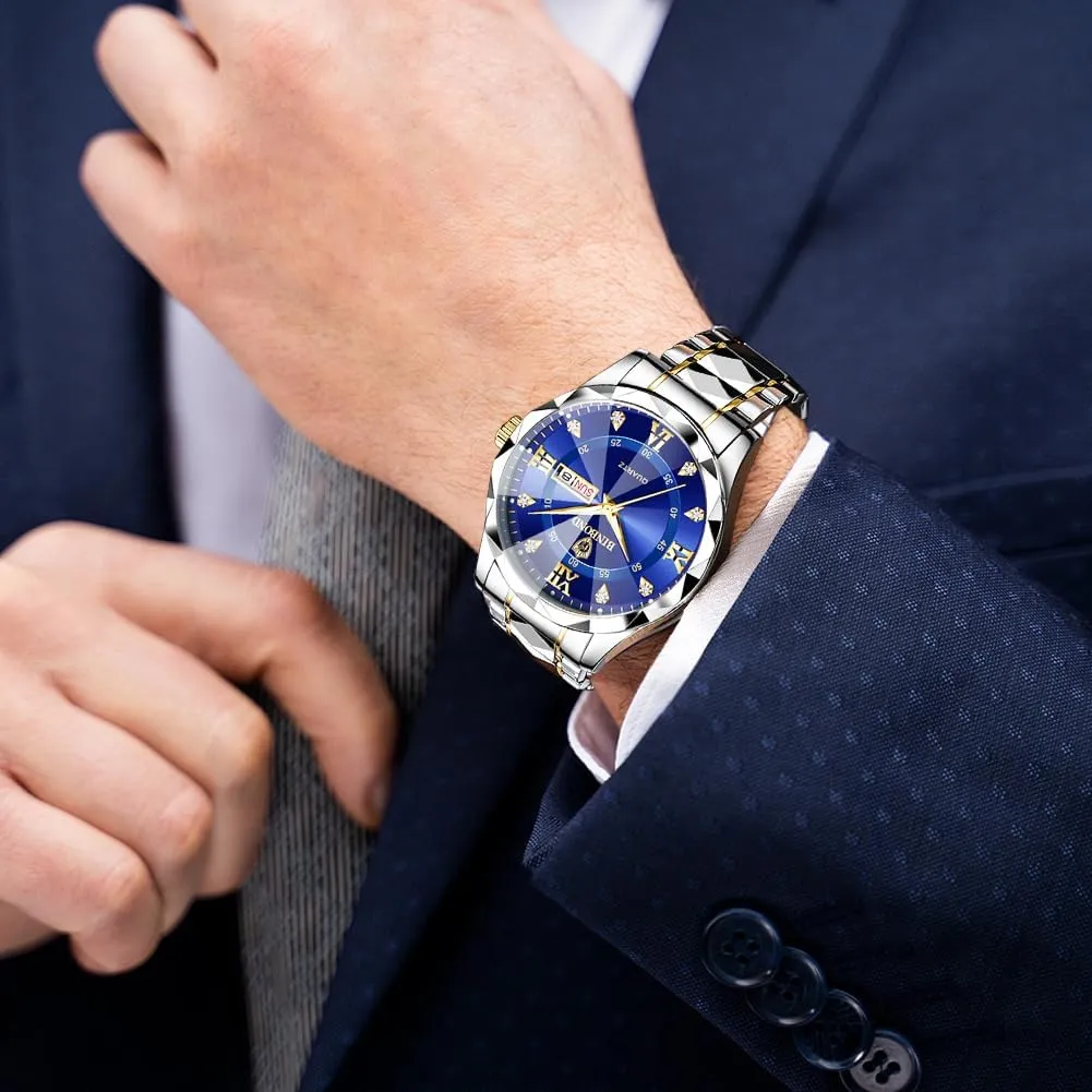 Mens Watches Diamond Big Face Stainless Steel Luxury Business Dress Date Day Wrist Watch Waterproof Luminous