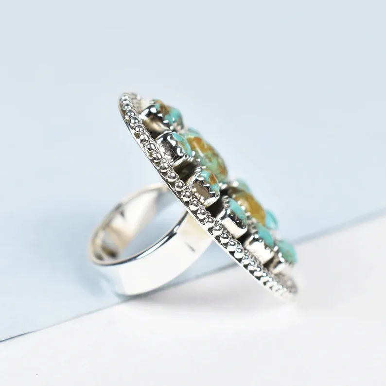 Native American Mohave Turquoise Cluster 925 Sterling Silver Rings