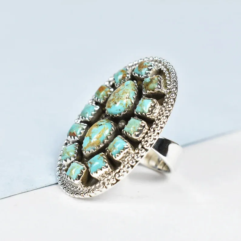 Native American Mohave Turquoise Cluster 925 Sterling Silver Rings
