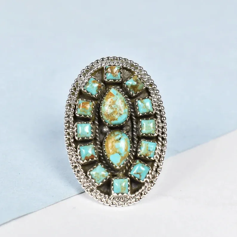 Native American Mohave Turquoise Cluster 925 Sterling Silver Rings