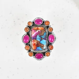 Native American Pink Dahlia, Orange Coral & Pink Onyx  Cluster Rings - 925 Sterling Silver Handmade Vintage Rings