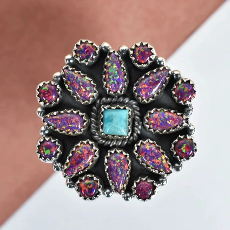 Native American Purple Bello Opal & Turquoise Cluster Rings - 925 Sterling Silver Handmade Vintage Rings