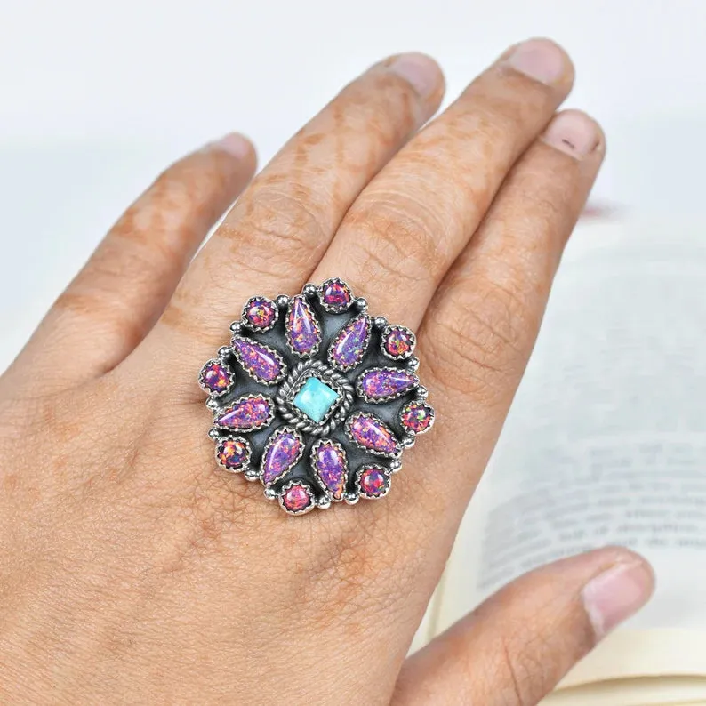 Native American Purple Bello Opal & Turquoise Cluster Rings - 925 Sterling Silver Handmade Vintage Rings