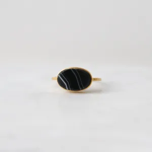 Oval Flat Cut Banded Black Onyx in Gold Plated Bra