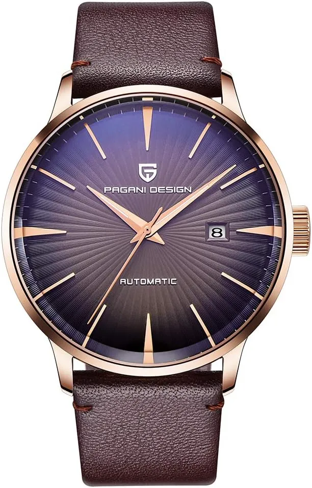 Pagani Design Fashion Men's Waterproof Stainless Steel Automatic Mechanical Watch, Date Display and Brown Leather Strap