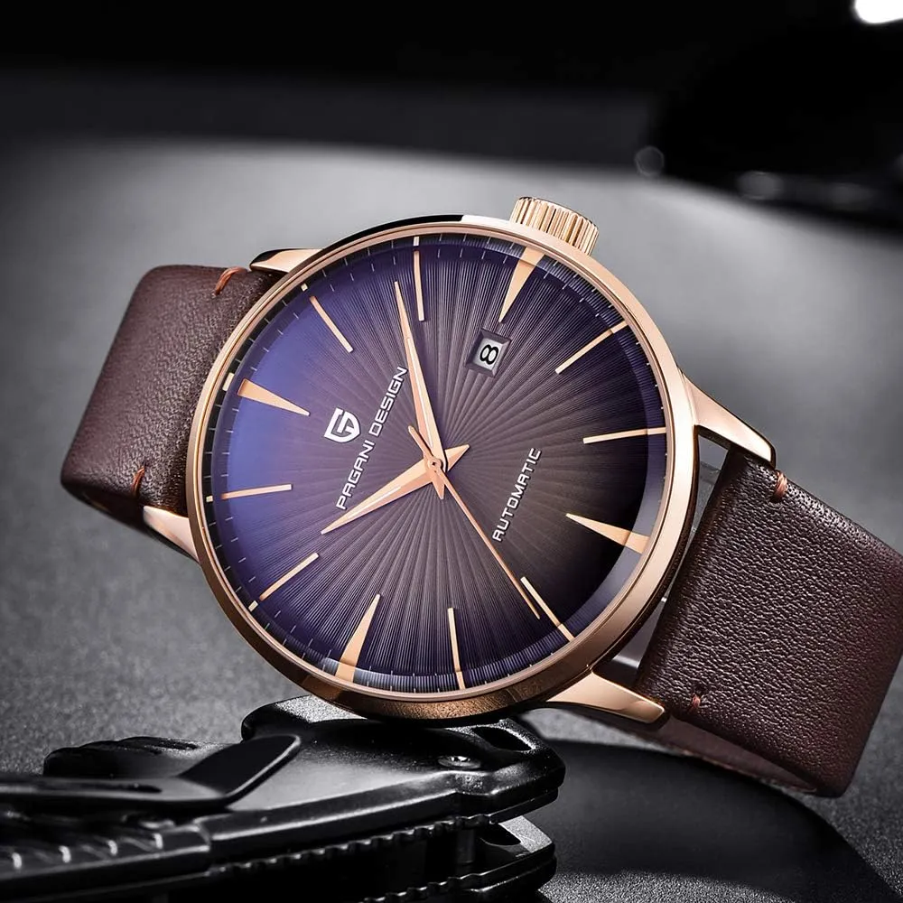 Pagani Design Fashion Men's Waterproof Stainless Steel Automatic Mechanical Watch, Date Display and Brown Leather Strap