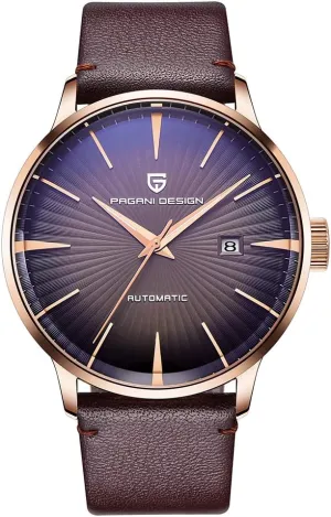 Pagani Design Fashion Men's Waterproof Stainless Steel Automatic Mechanical Watch, Date Display and Brown Leather Strap