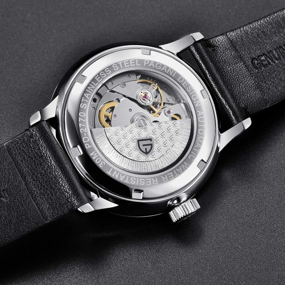 Pagani Design Fashion Men's Waterproof Stainless Steel Automatic Mechanical Watch, Date Display and Brown Leather Strap