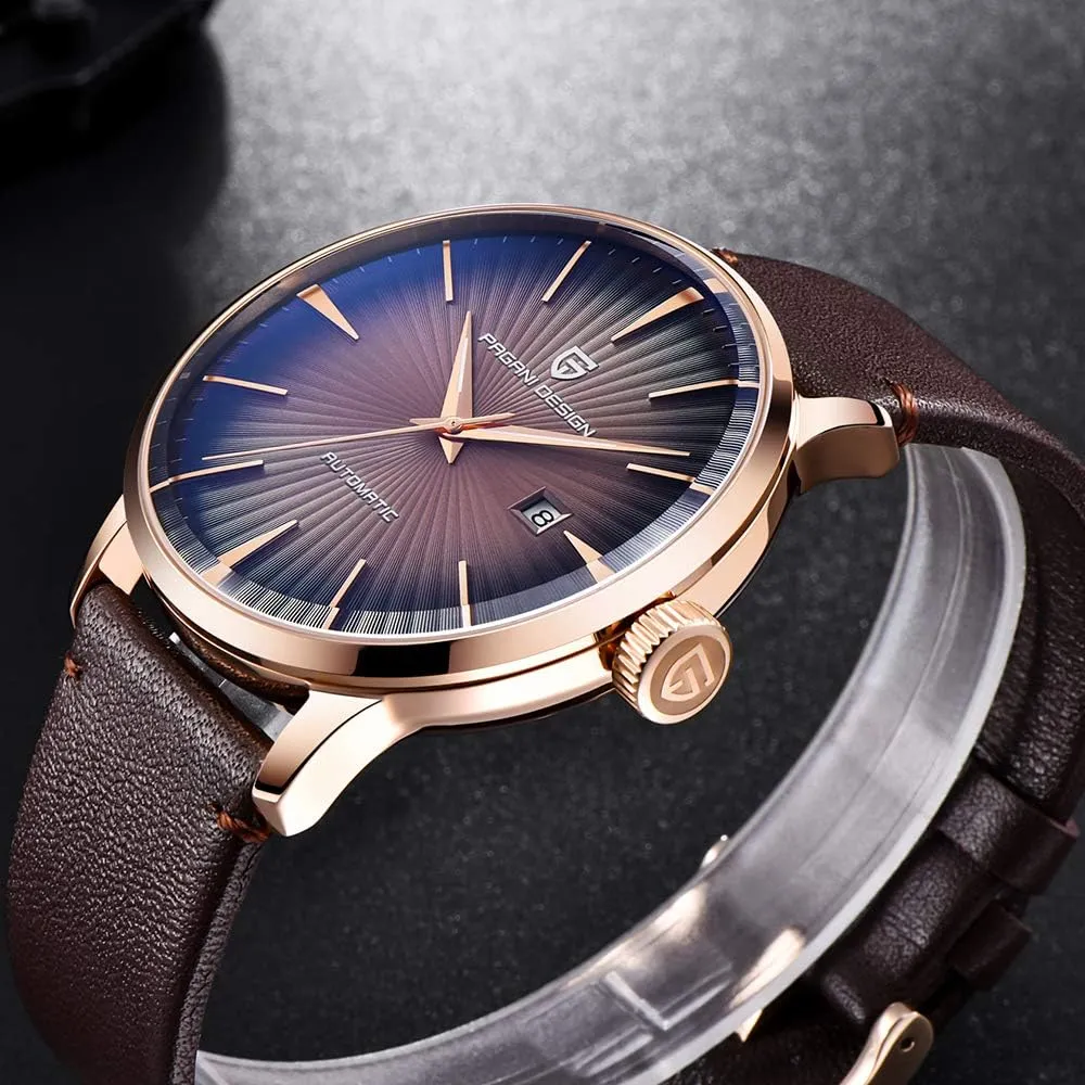 Pagani Design Fashion Men's Waterproof Stainless Steel Automatic Mechanical Watch, Date Display and Brown Leather Strap